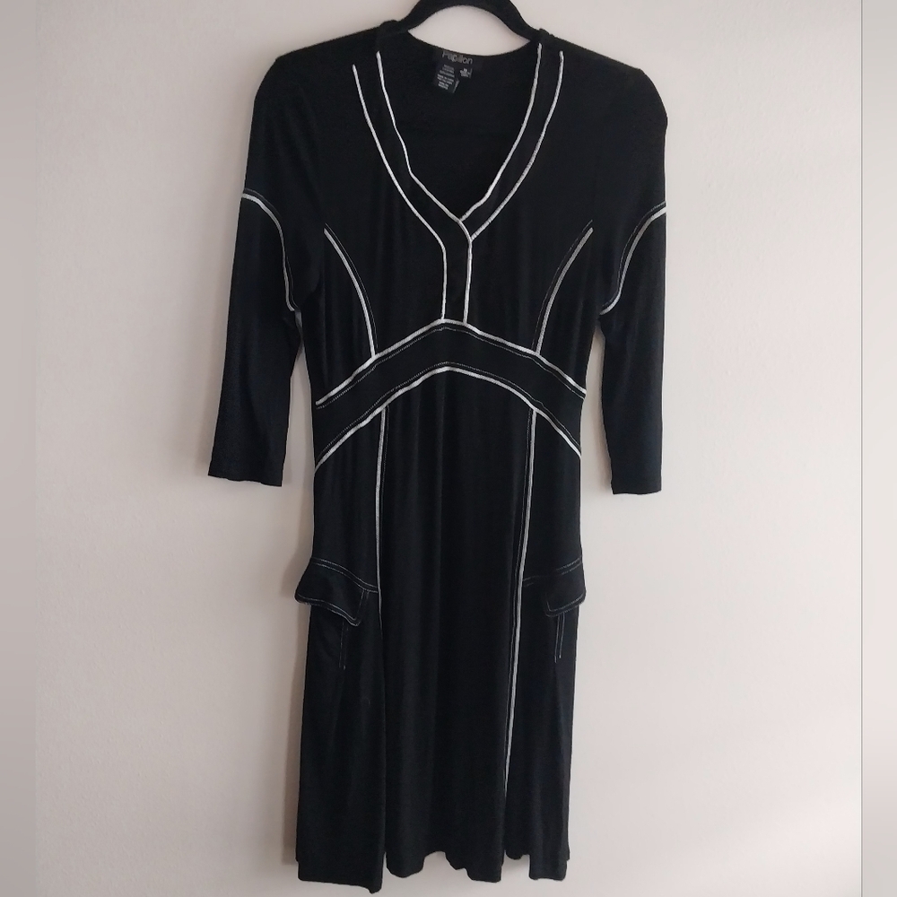 Papillion Black 3/4 Sleeve V-Neck Y2K Midi Dress with White Contrast Stitching